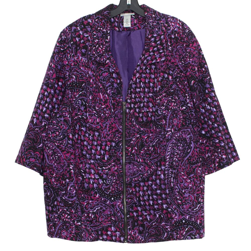 Catherines Maggie Barnes Jacket 3/4 Sleeve Paisley Boho Retro Zip Up Purple 2X